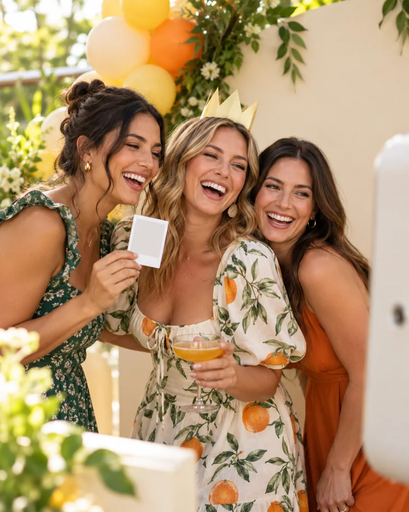 AI-generated scene of friends celebrating a birthday at a photo booth
