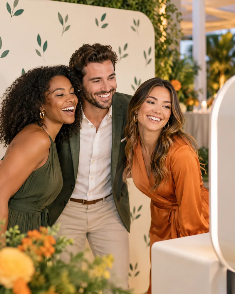 AI-generated scene of colleagues enjoying a photo booth at a corporate reception