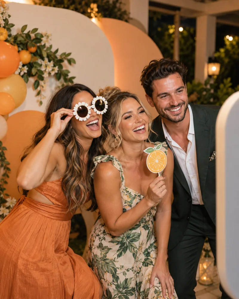 AI-generated scene of friends posing with playful photo booth props at a party