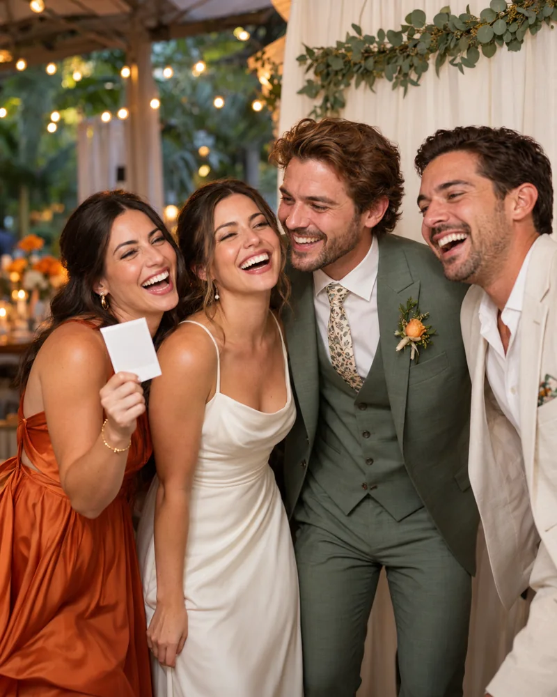 AI-generated scene of wedding guests smiling at a garden reception photo booth